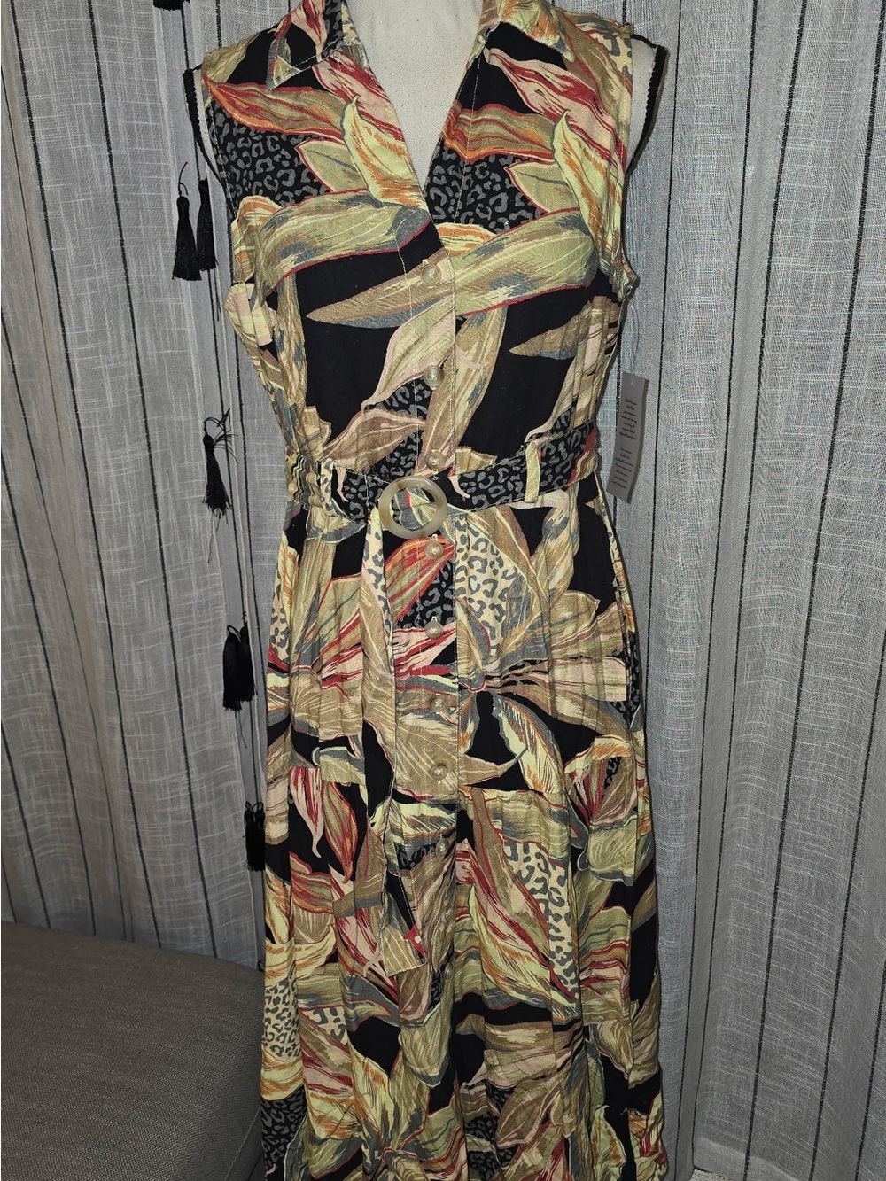 Nicole Miller Black Maxi Dress with Cream, Tan and Red Leaf Print
